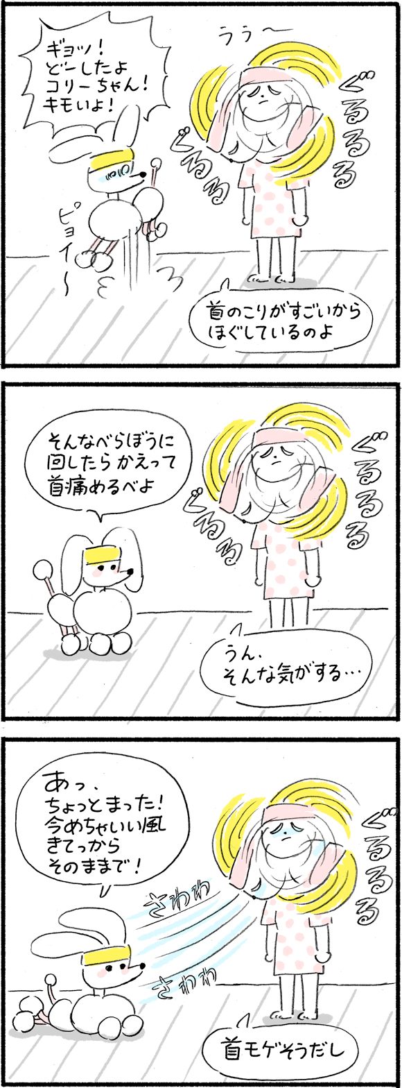 コリーちゃん : 都内在住の30代女性。仕事はライフスタイル系のライター。職業がら深夜遅くまでのPC作業が多く、つねに運動不足気味で寝不足がち。 チーズ丸(チー丸) : コリーちゃんの飼い犬(オス)。見た目の可愛さに反して態度がデカい。好物はチーかま。