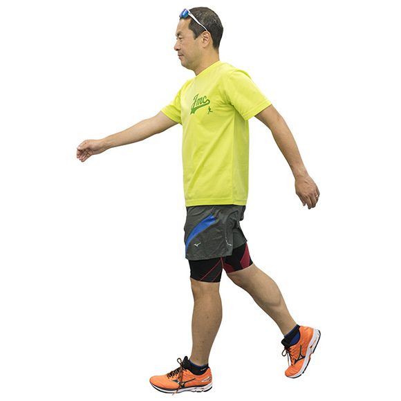 肘を伸ばして腕を大きく振る速歩きでは1分間の歩数は120。腕振りで姿勢がよくなる。